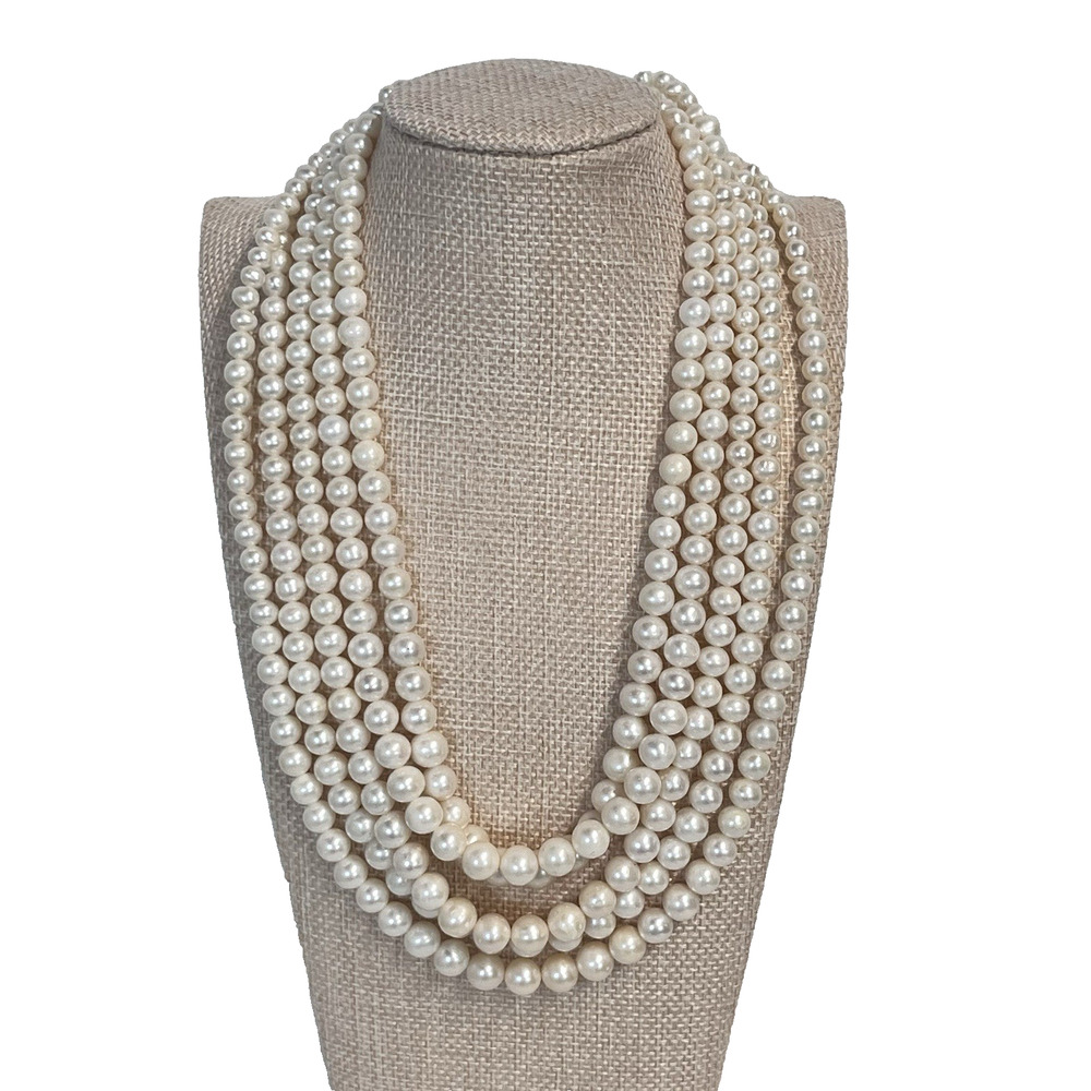 Vintage Sterling Silver 925 Five Strand Elegant Pearl Choker Necklace 15" (#26)